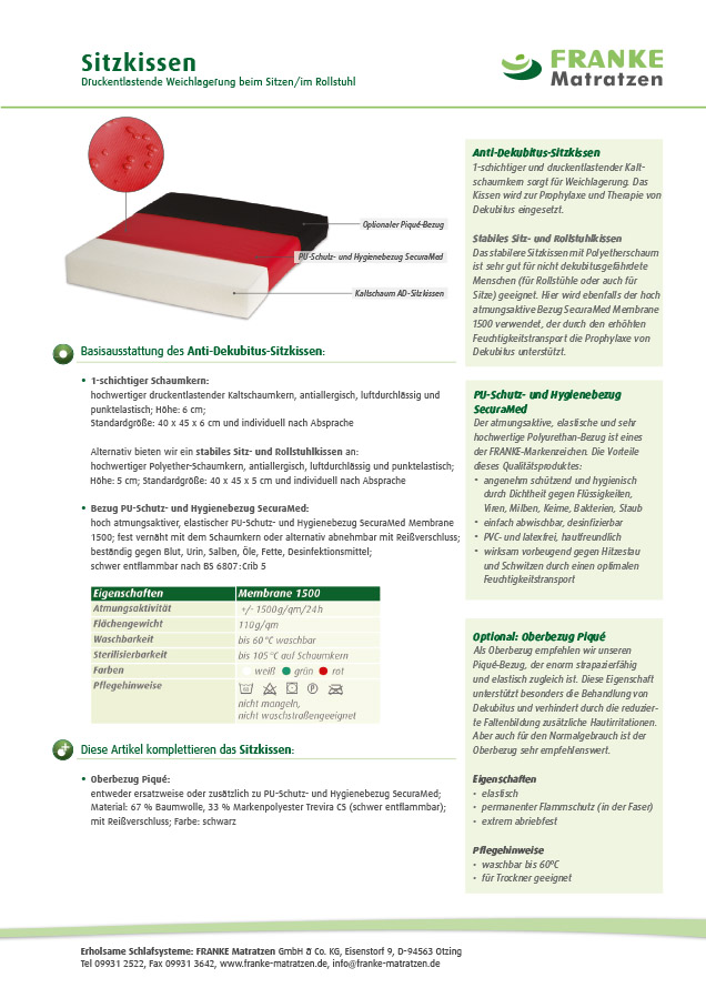 Sitzkissen - Produkt-Datenblatt FRANKE